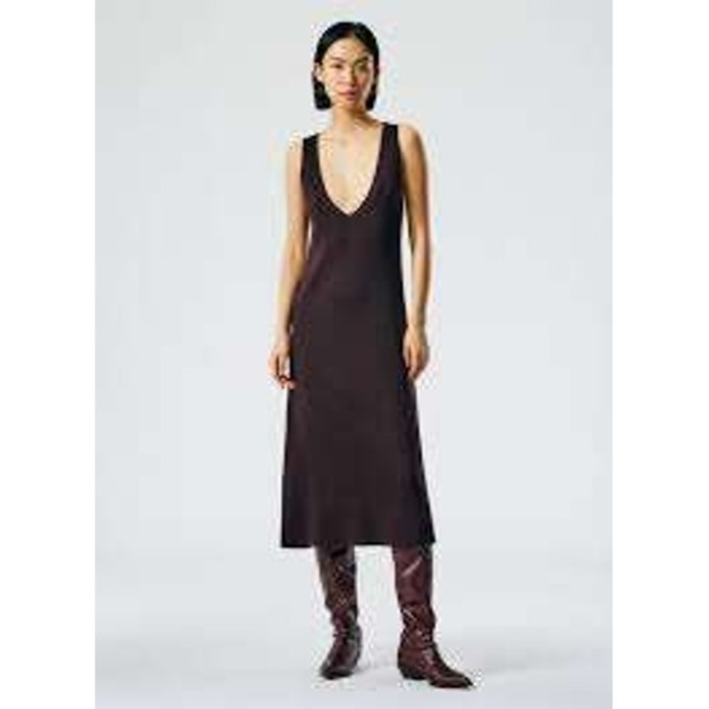 NWT $525 Tibi Sleeveless V Neck Maxi Dress M Burnished Brown Cotton Lyocell Knit